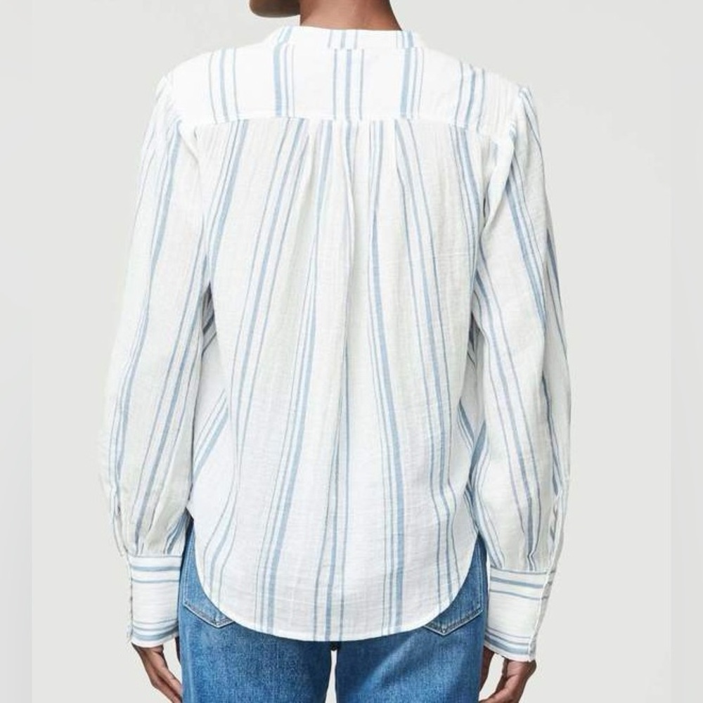 Frame Denim Button Up Gauze Cotton White Stripe Blue Long Sleeve Blouse EUC XS - Picture 2 of 11